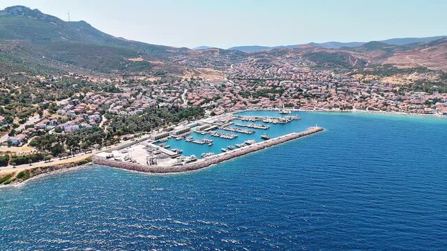 Yenifoca 4k drone video with its marina and beaches in Foca, Izmir, Turkiye.
