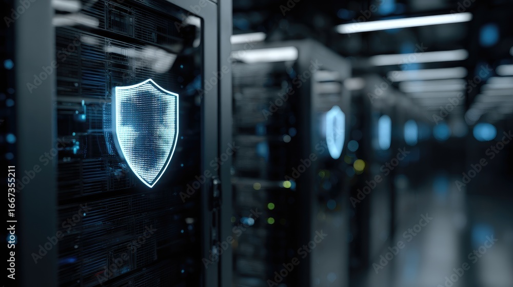 Aufkleber digital security concept with glowing shield symbol on server rack in modern data center environment