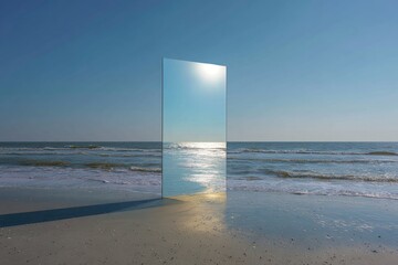 A large rectangular mirror reflects a sunlit beach scene