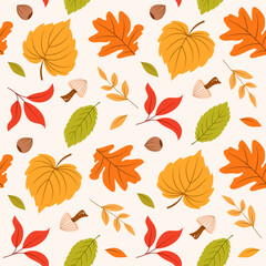 Autumn leaves seamless pattern background. Flat style dry foliage in fall season pattern design illustration. Containing maple, mushroom, acorn, and chestnut.