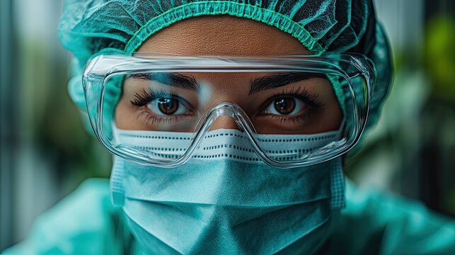 Healthcare professional in protective gear during pandemic closeup image