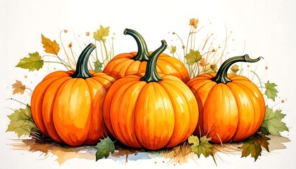 Autumn Pumpkins Harvest Watercolor.
