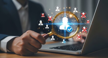 Human resources manager scrutinizes employee profiles on a laptop with a magnifying glass highlighting selection and rejection criteria hiring recruitment