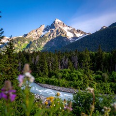 Majestic mountain peak above a river valley