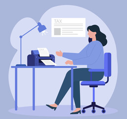 A woman at her desk printing tax documents. This flat vector illustration represents accounting, financial management, and tax preparation