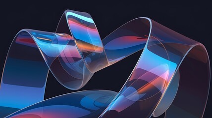 3d abstract liquid glass ribbon wave line with neon light on dark background. Fluid flow curve shape with blue pink yellow holographic gradient and light reflection on glossy floor. 3D illustration