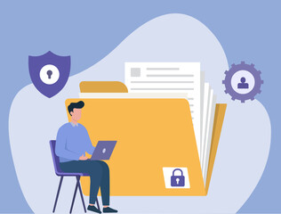 A flat vector illustration about data protection and privacy. A man manages secure digital files and user account settings on his laptop