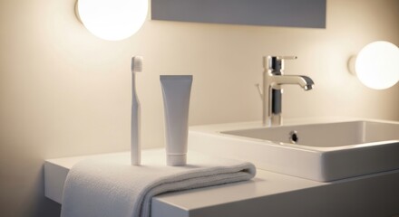 Minimalist Dental Hygiene Set on a Modern Vanity in Warm Ambient Light