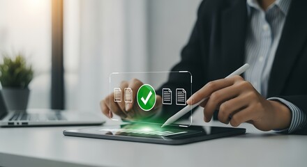A person in a suit uses a stylus on a tablet interacting with a digital interface displaying document icons and a green checkmark Approval Checklist Computer