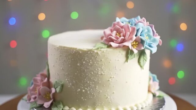 Close up of a white frosted cake decorated with pink and blue flowers on a silver cake stand