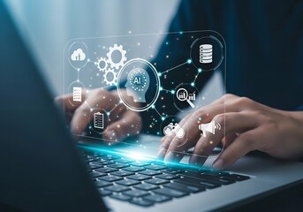 AI Interaction with Technology, Office Environment, Digital Content, User Viewpoint, Futuristic Concept