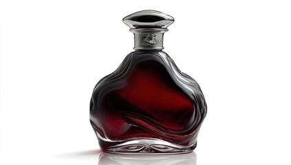 Decanter of dark liquor, studio shot, white background, reflection, for advertising