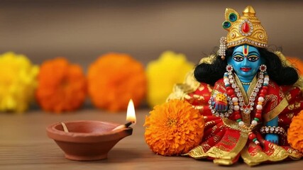 Hindu god Krishna statue with traditional oil lamp and marigold flowers. Religious concept for Diwali, Krishna Janmashtami, Rath Yatra, Govardhan Puja, ... See More