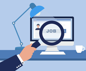 A flat vector illustration of a hand holding a magnifying glass over a computer, symbolizing an online job search, hiring, and recruitment
