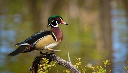 Obraz premium Magnificent Male Wood Duck Perched on a Branch in Nature.