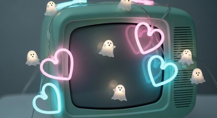 Obraz premium Whimsical Ghost & Glowing Heart Lights on Retro Teal TV with Screen Reflections
