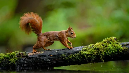 Tableau sur aluminium  Red Squirrel Crossing Log with Forest.  © jani