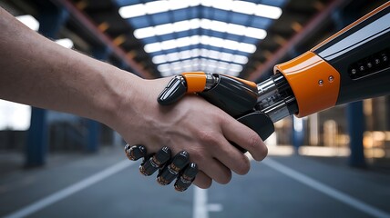 A human hand shaking an AI robotic hand symbolizing human-robot collaboration in a modern industrial environment representing cooperation and technological advancement