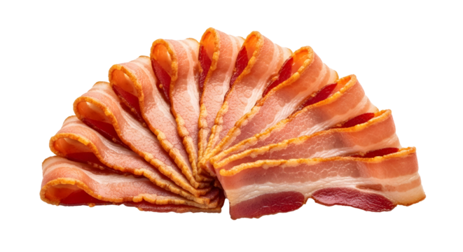 Arrangement of sliced bacon on a black background on transparent background