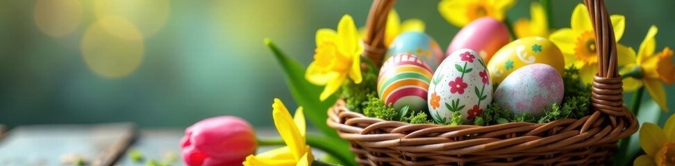 Vibrant painted eggs nestled amongst tulips and daffodils in a wicker basket , photography, springtime