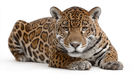 Obraz premium Majestic jaguar with distinctive spotted coat lying down isolated on white background