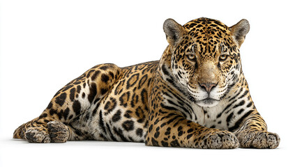 Naklejka premium Majestic jaguar lying down on a white background isolated on white background