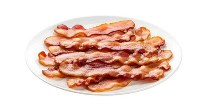 Pile of cooked bacon strips on a white plate on transparent background