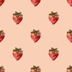 Seamless watercolor pattern with ripe strawberries. Berries with green leaves create a fresh and natural design suitable for fabric prints, wrapping paper, packaging, scrapbooking