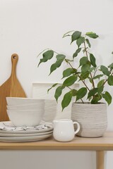 Different clean white dishware, cutting board and floral decor on wooden table indoors