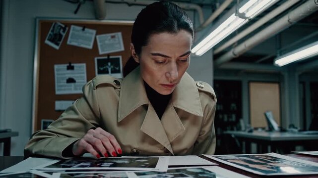 Detective examines clues while investigating unsolved cases in a dimly lit room