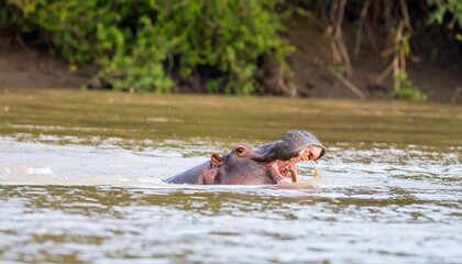 Obraz premium Hippopotamus opens its mouth in the river showing its teeth.