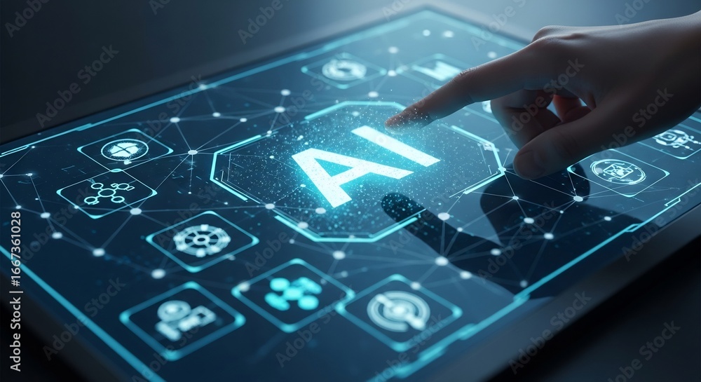 Poster touchscreen interface with ai symbols in a modern office environment