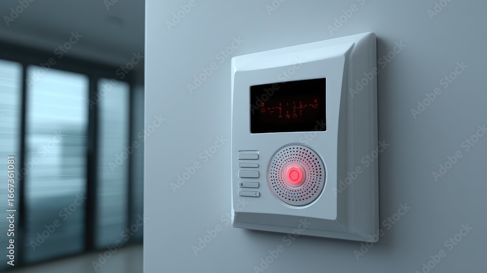 Poster modern security alarm system on wall with red light indicator and digital display in contemporary in