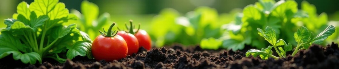 Vibrant organic vegetables flourish in rich soil; drip irrigation visible , close up shot, vibrant, agriculture