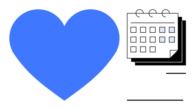 Blue heart beside a calendar page. Ideal for health, love, relationship planning, organization, event scheduling, personal growth, simple flat metaphor