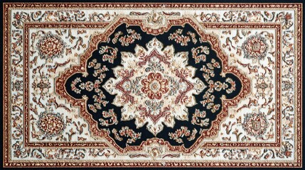 Rectangular rug with a dark central medallion featuring intricate floral and arabesque patterns in cream, burgundy, and beige against a black background, framed by a border with similar motifs