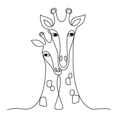 Close giraffe pair with touching heads and patch accents, sweet portrait on white, one line, editable vector contour