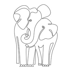 Gentle elephant pair in abstract single-stroke style, parent and calf with curled trunk on white, one line, editable vector contour