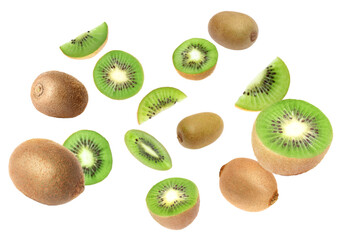 Fototapeta premium Tasty fresh kiwi fruits swirling in air against white background