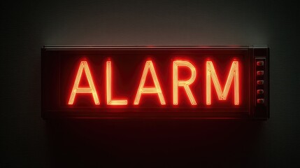 Bright Red Neon Alarm Sign Glowing in Dark Background for Attention and Warning in Urban Environment