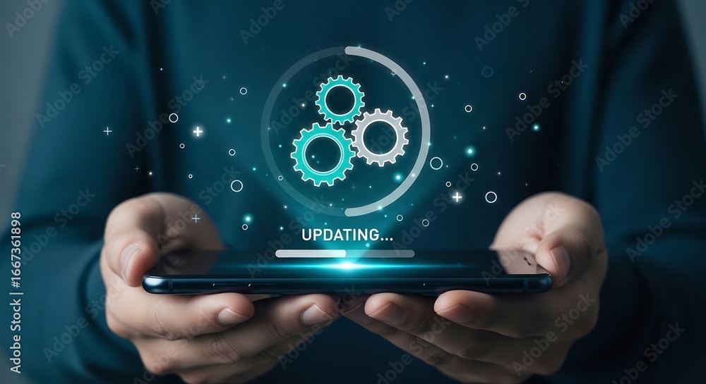 Aufkleber mobile device update action with gears and progress bar in a modern environment