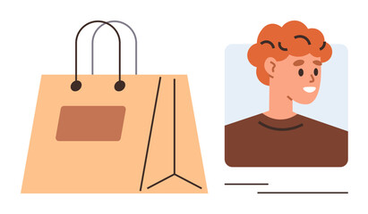 Brown paper shopping bag next to user profile card. Ideal for e-commerce, online shopping, customer engagement, personalization, retail, marketing, modern commerce. Simple flat metaphor