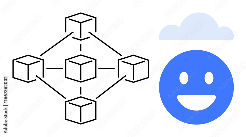 Poster blockchain cubes connected in a network beside a smiling face icon with a cloud overhead. ideal for 