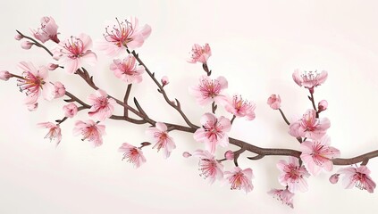 Fototapeta premium Pink Cherry Blossom Branch, Spring Bloom, White Background, Nature Scene, Greeting Card