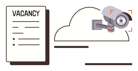 Job vacancy notice beside a surveillance camera mounted on a cloud, highlighting recruitment and safety. Ideal for security, recruitment, technology, networking, cloud storage, employment, simple