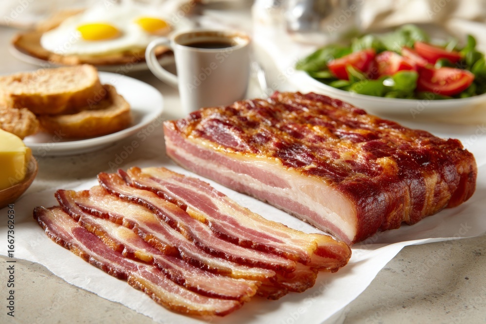 Poster crispy bacon breakfast with eggs toast coffee and salad on rustic table