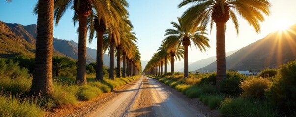 Sun-dappled palm trees line a path in Gran Canaria's lush landscape , idyllic, botany, nature