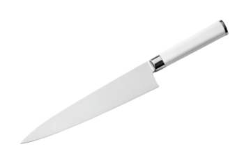 A white knife with a silver handle