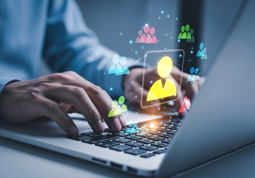 Digital Interaction, User Engagement, Online Workspace, Technology, Virtual Environment, Close-Up Viewpoint, Networking Concept