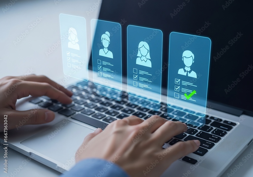Poster user interaction with virtual profile selection on laptop in modern workspace environment